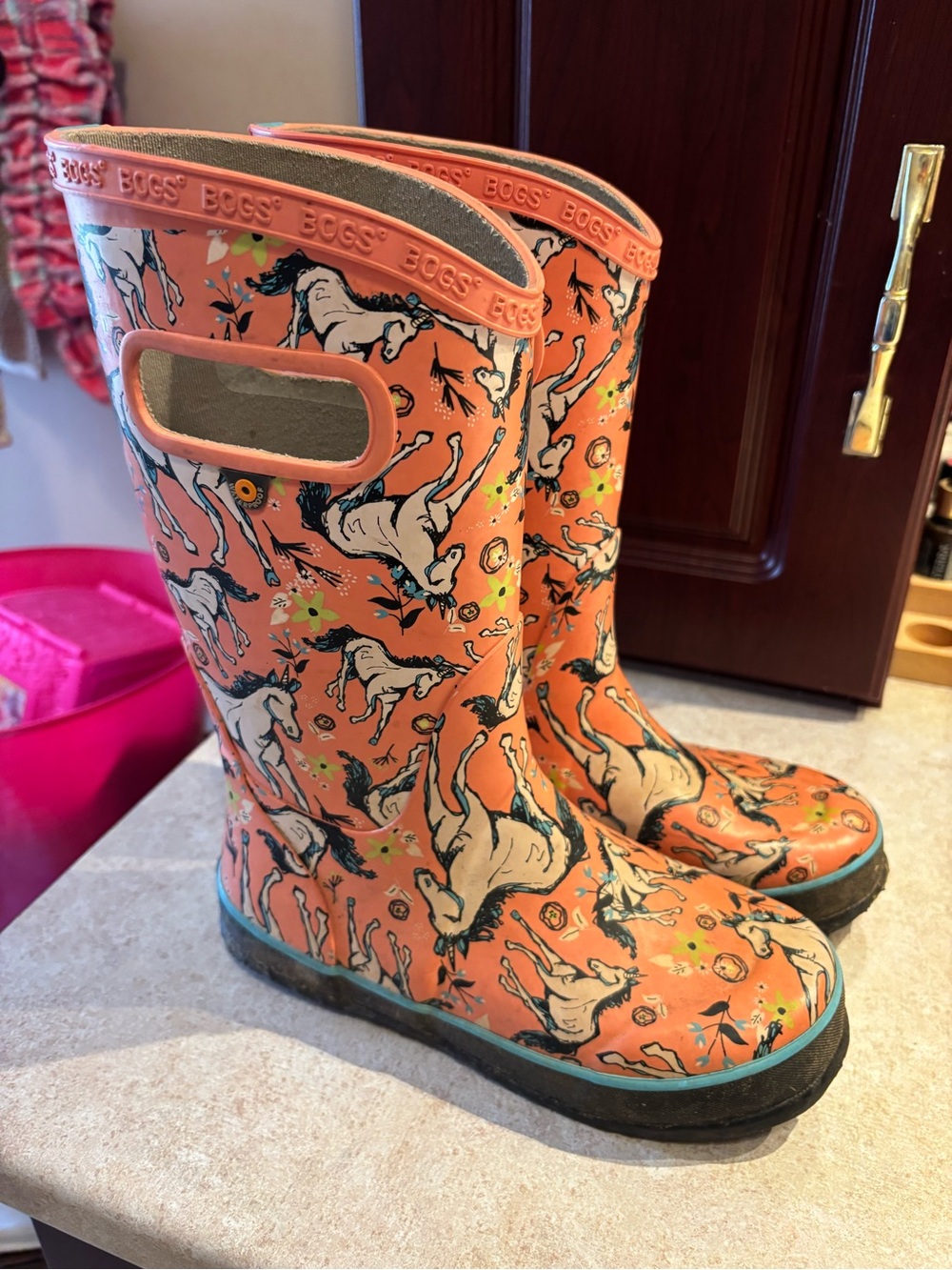 Bogs Kids Coral Orange Horse Print Rain Boots